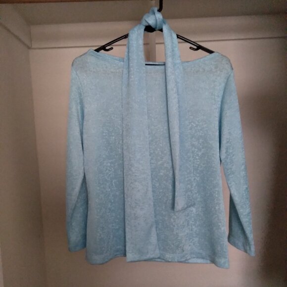Vintage Louis Feraud 90s Blue Shimmery Boatneck Top with Matching Scarf Size 10 - Picture 1 of 5